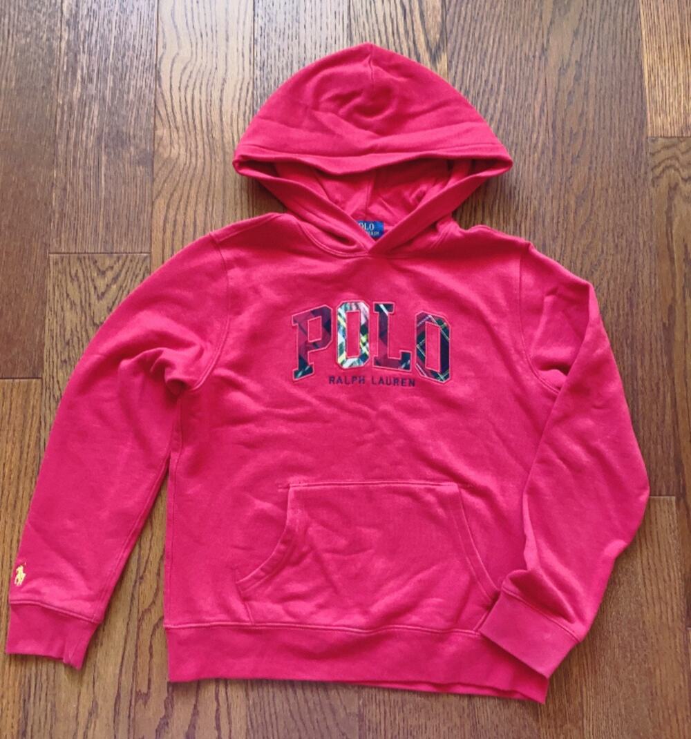 Polo Ralph Lauren Boys Red Hoodie Sweatshirt Size L 14-16 Plaid Logo